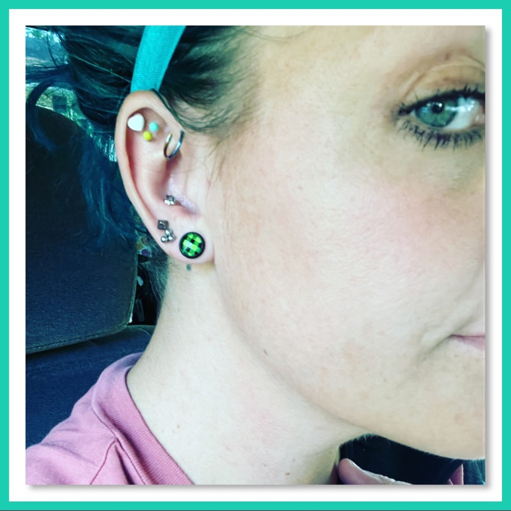 Neon Green Plaid Stud Earrings - Picture 2 of 7